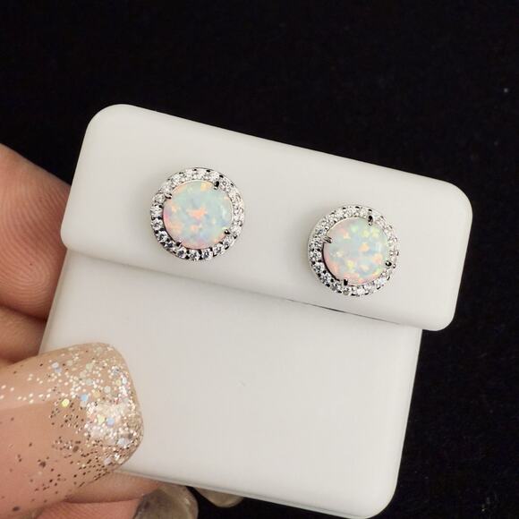 Beautiful Genuine White Opal & Moissanite Halo Stud Earrings 925~New~Retail $149 - Picture 2 of 12